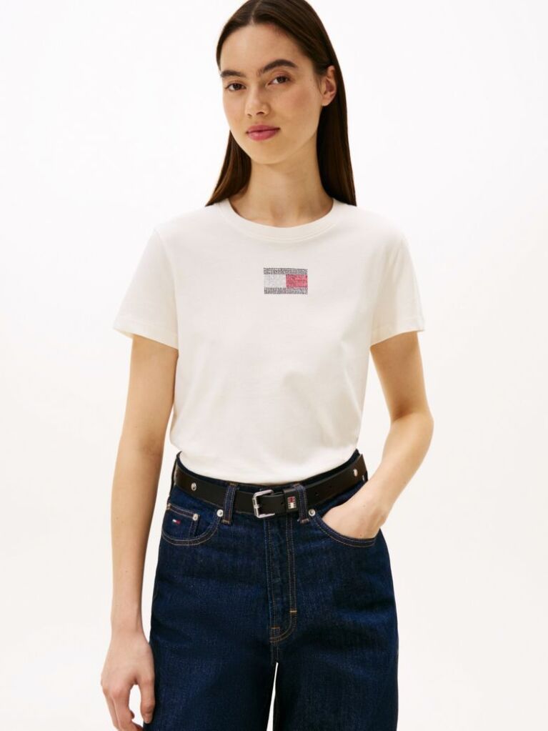 Alb Tricou Cu Guler Rotund Si Emblema Diamante Flag  Femei