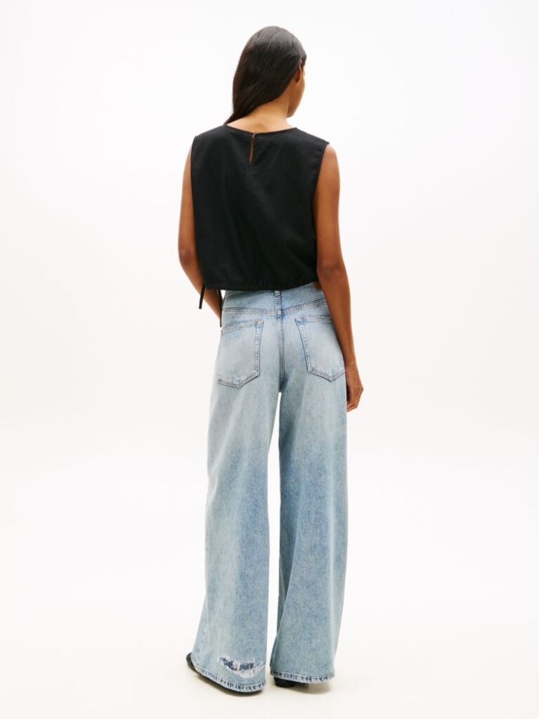 Black Side Tie Linen Blend Sleeveless Blouse  Women