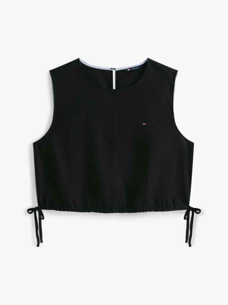 Black Side Tie Linen Blend Sleeveless Blouse  Women