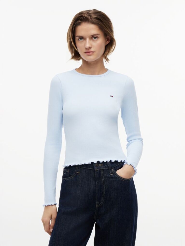 Blue T-Shirt Cu Maneca Lunga Ribbed Cu Croiala Slim  Femei