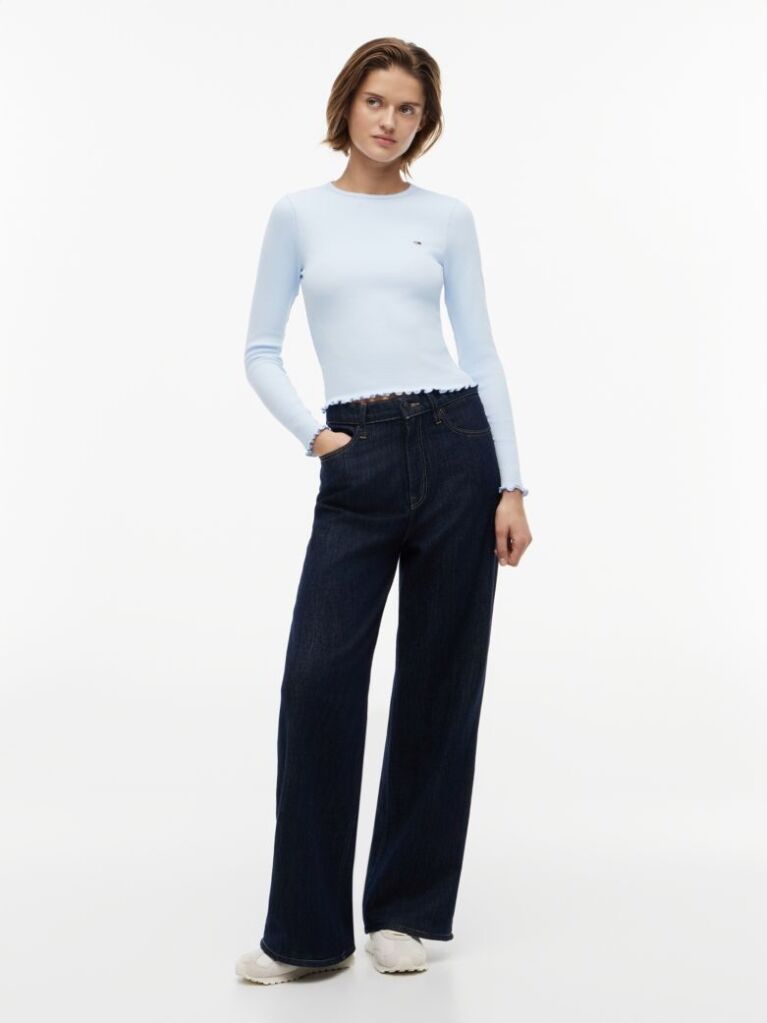 Blue T-Shirt Cu Maneca Lunga Ribbed Cu Croiala Slim  Femei