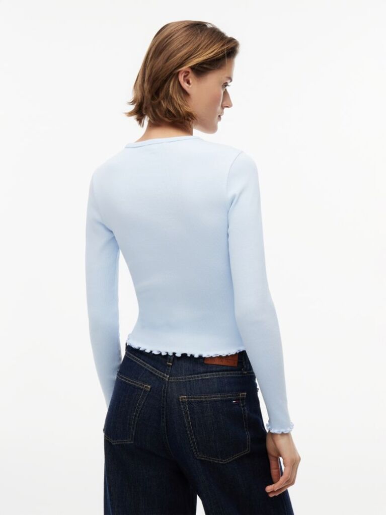 Blue T-Shirt Cu Maneca Lunga Ribbed Cu Croiala Slim  Femei