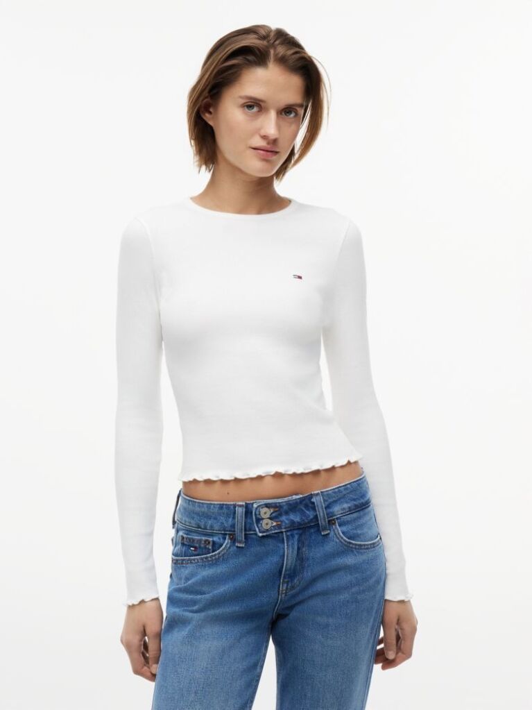Alb T-Shirt Cu Maneca Lunga Ribbed Cu Croiala Slim  Femei