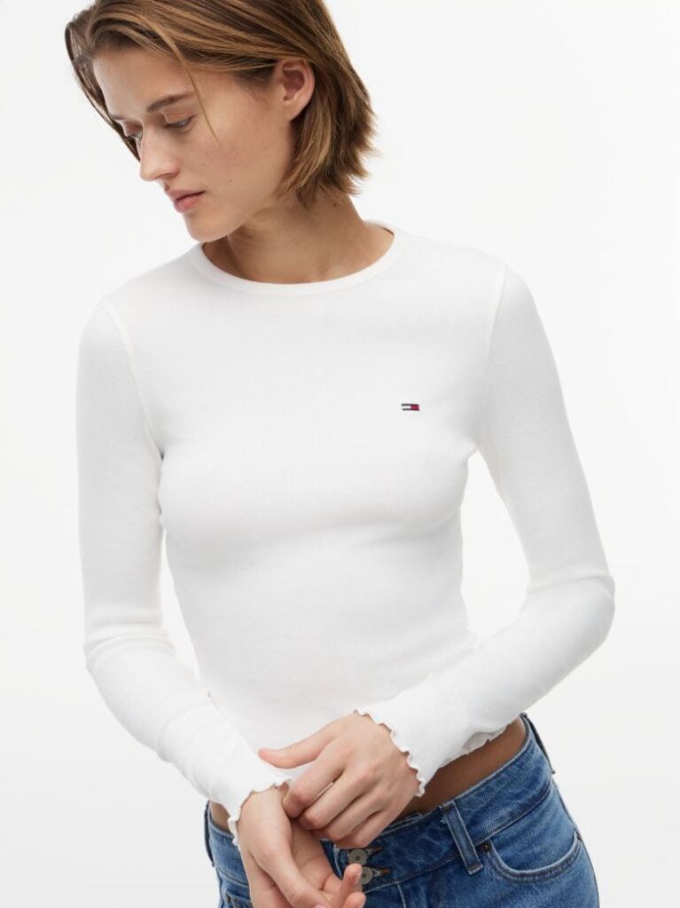 Alb T-Shirt Cu Maneca Lunga Ribbed Cu Croiala Slim  Femei