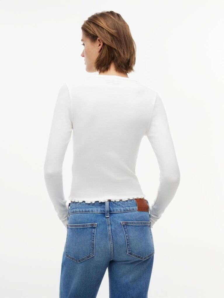 Alb T-Shirt Cu Maneca Lunga Ribbed Cu Croiala Slim  Femei