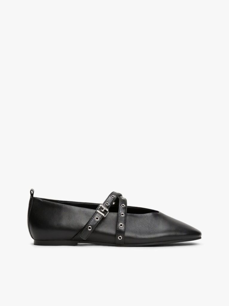 Black Leather Crossover Strap Mary Janes  Women