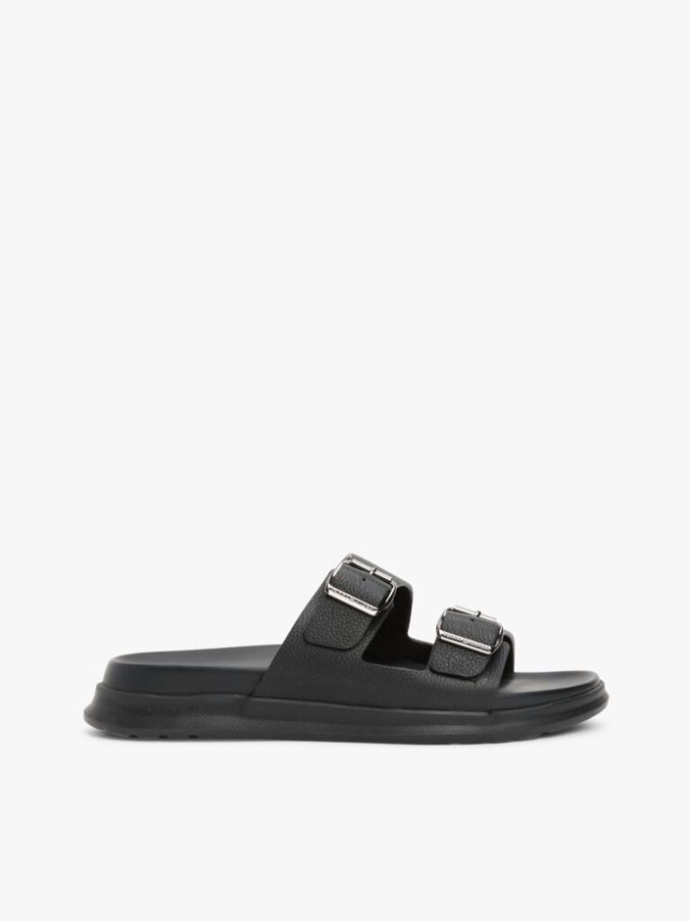 Black Leather Buckle Strap Sandals  Men