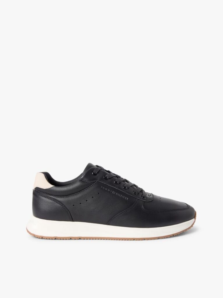 Black Debossed Leather Fine Cleat Trainers  Men