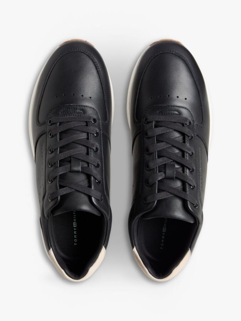 Black Debossed Leather Fine Cleat Trainers  Men