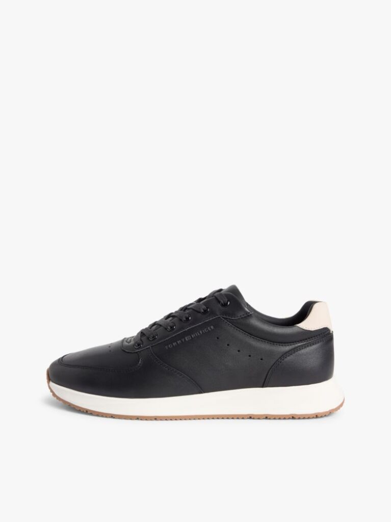 Black Debossed Leather Fine Cleat Trainers  Men