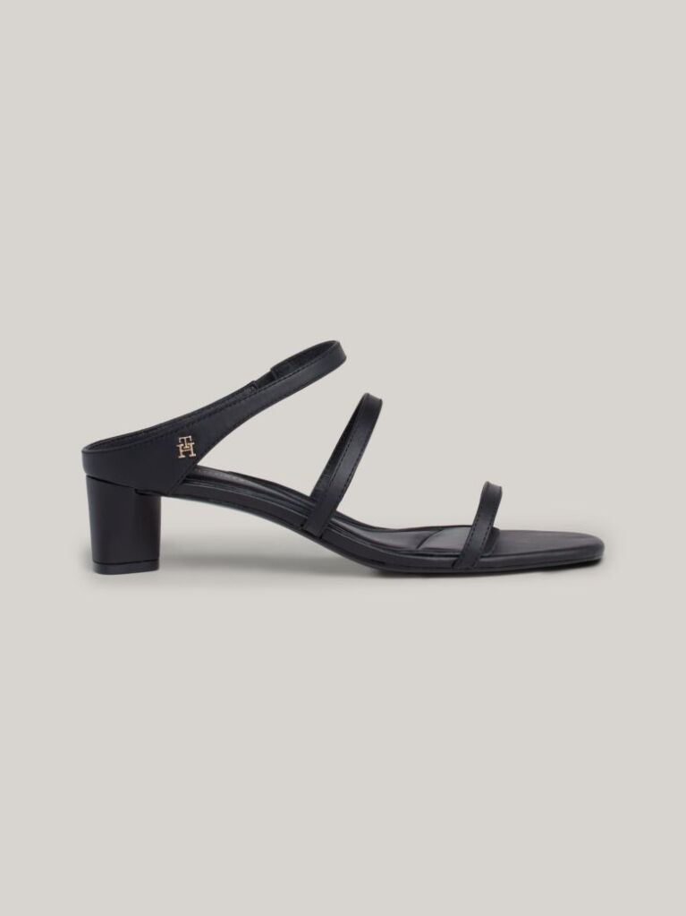 Black Leather Mid-Heel Strap Sandals  Women