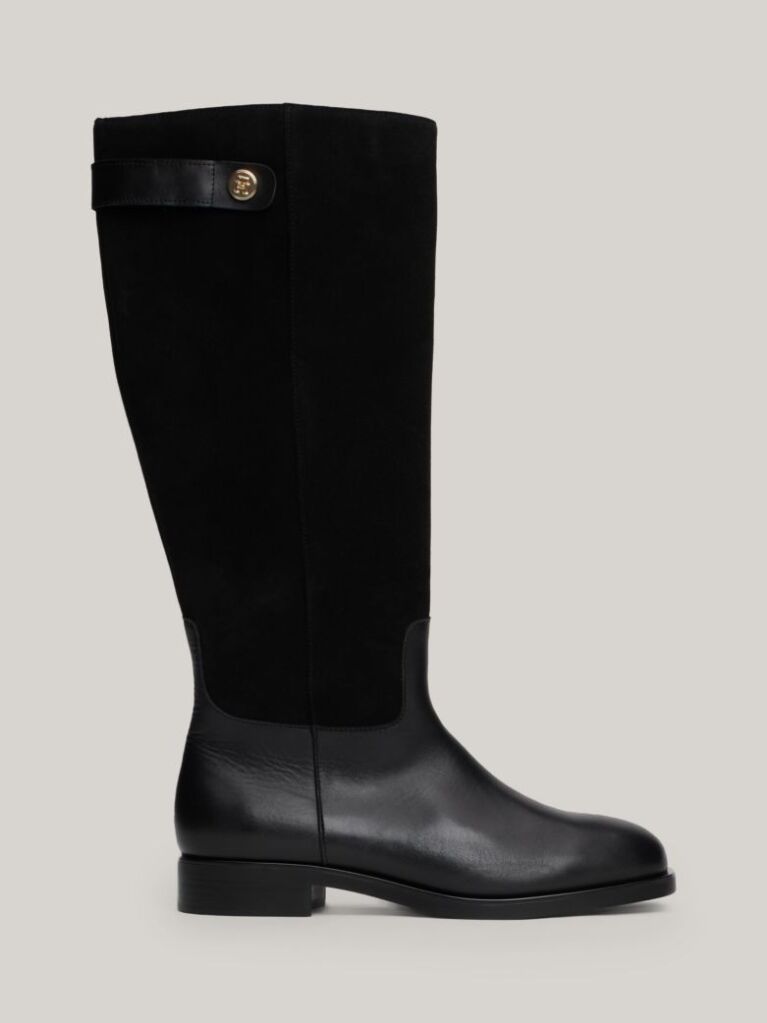 Black Leather Mixed Texture Knee-High Boots  Women