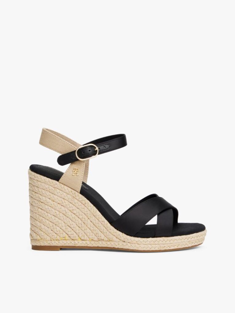 Negru Sandale Espadrile Cu Toc Wedge Si Bretele Din Satin  Femei
