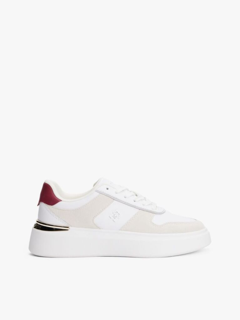 White Leather Mixed Texture Court Trainers  Women