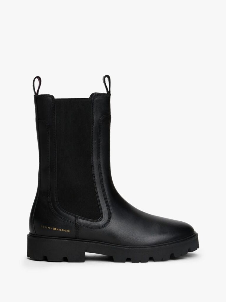 Black Leather Cleat Mid Chelsea Boots  Women