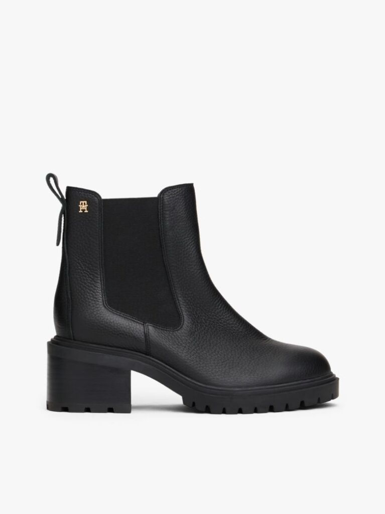 Black Leather Cleat Chelsea Boots  Women
