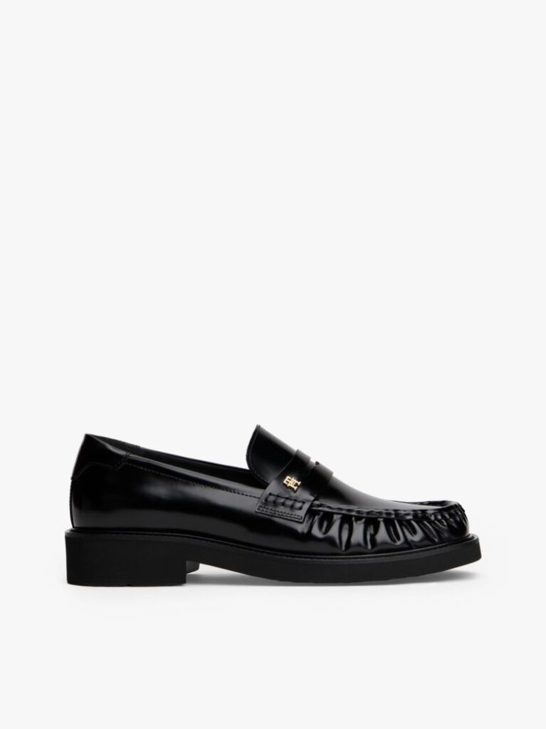 Black Leather Square Toe Loafers  Women