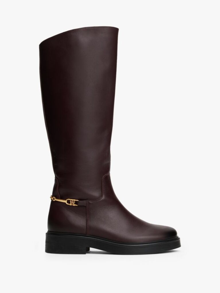 Brown Leather TH Monogram Horsebit Riding Boots  Women