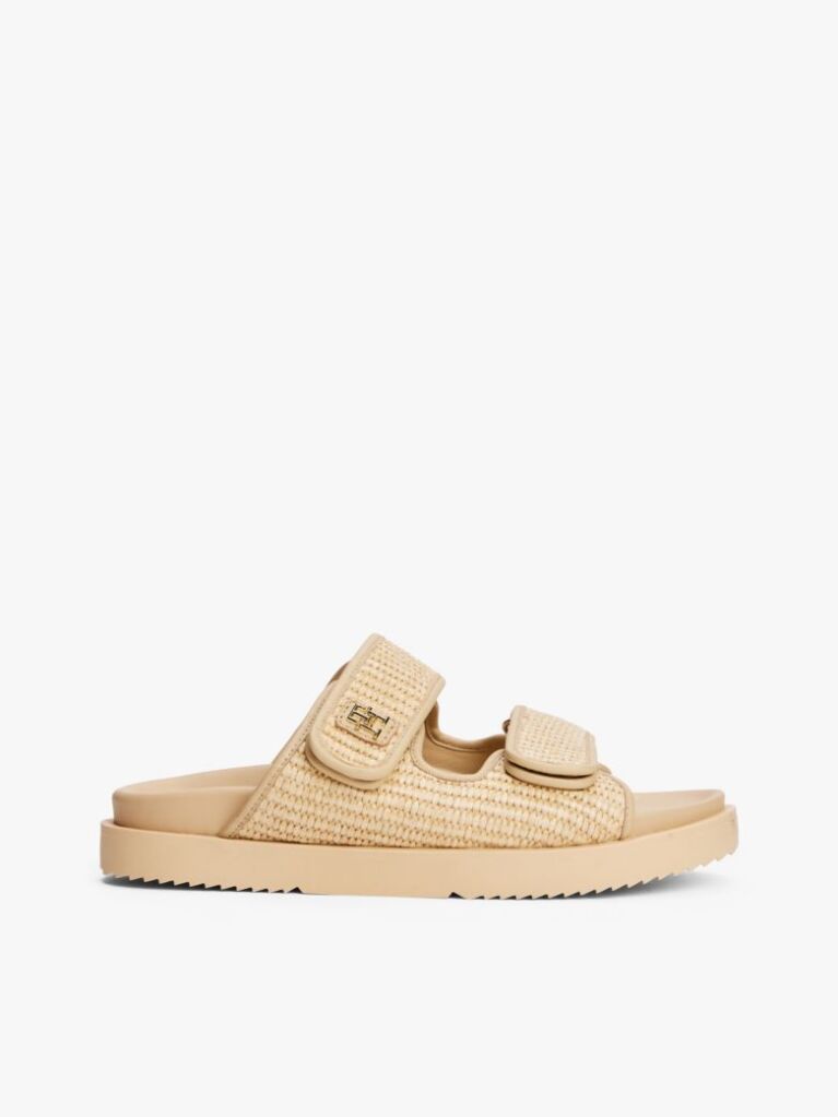 Beige TH Monogram Raffia Buckle Cleat Sandals  Women