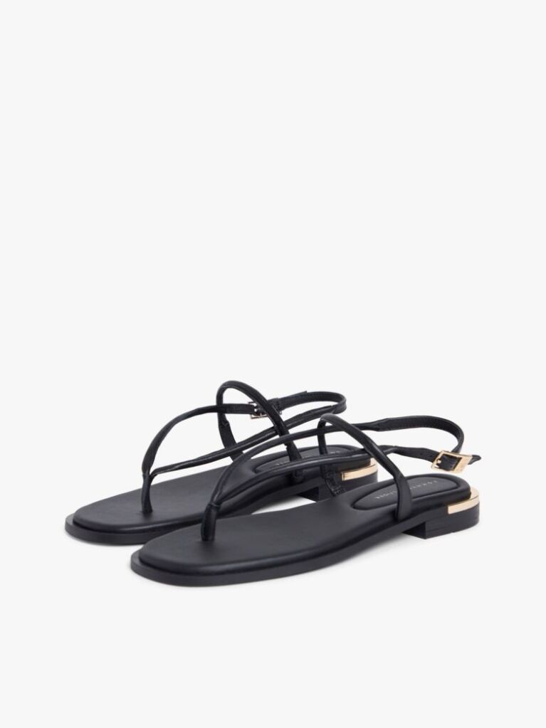 Black Leather TH Monogram Gold-Tone Heel Sandals  Women