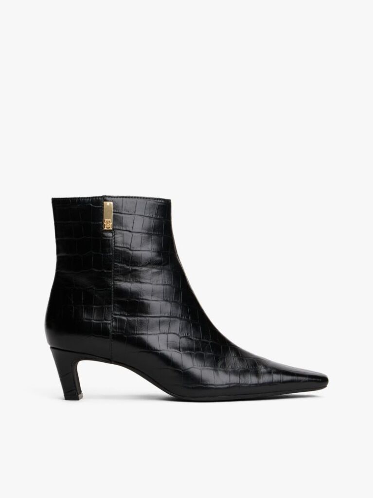 Black Croco-Print Kitten Heel Boots With Leather  Women