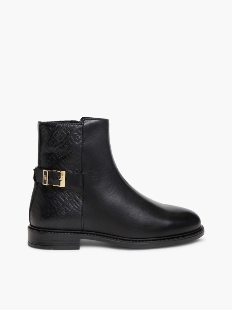 Black TH Monogram Embossed Leather Ankle Boots  Women