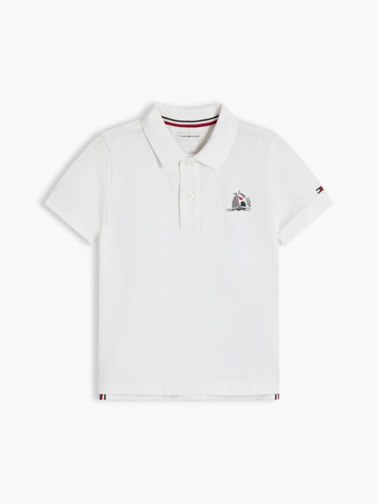 Alb Polo Cu Croiala Regular Si Logo  Baieti