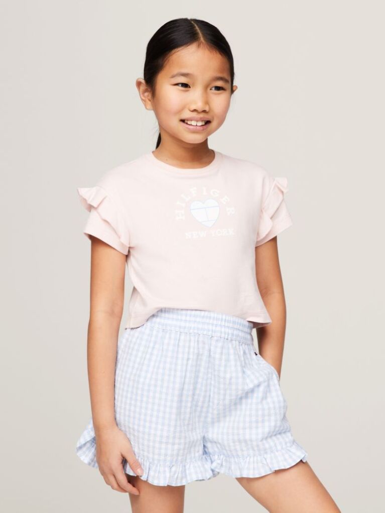 Roz Tricou Cu Maneci Cu Volane Si Emblema  Fete