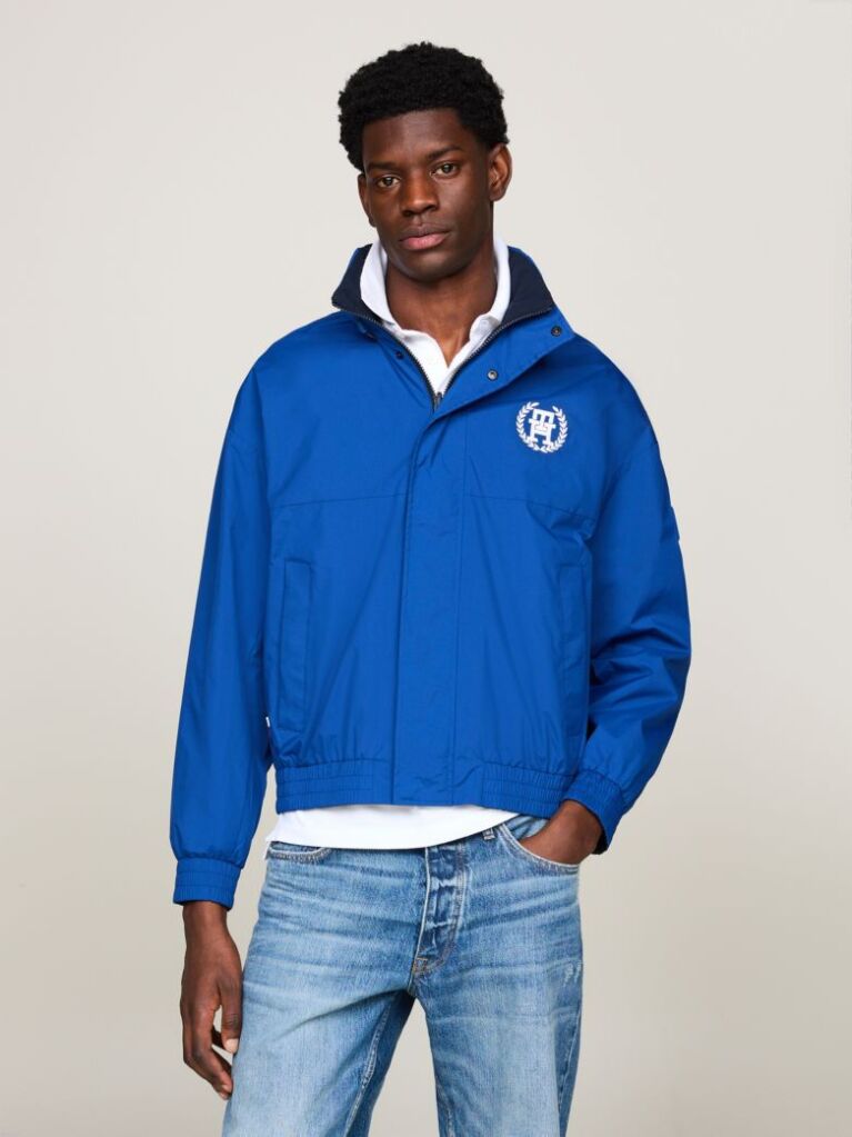 Blue Stand Collar Water Resistant Reversible Windbreaker Jacket  Men