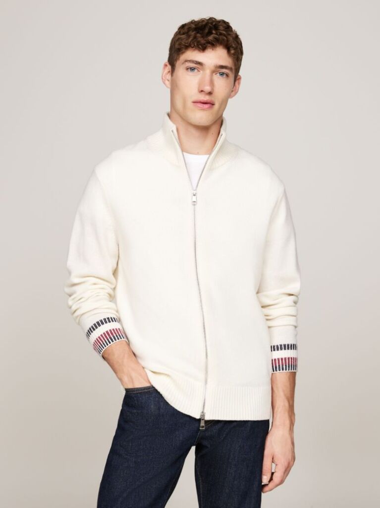 White Wool Rich Relaxed Zip-Thru Jumper  Men