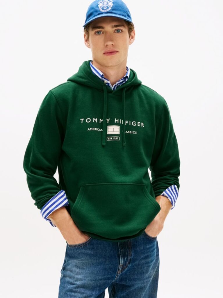 Verde Hanorac Din Terry Cu Gluga Snur Si Logo  Barbati