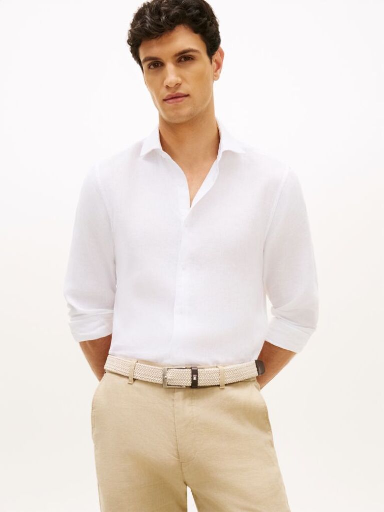 White Smart Casual Slim Fit Pure Linen Shirt  Men