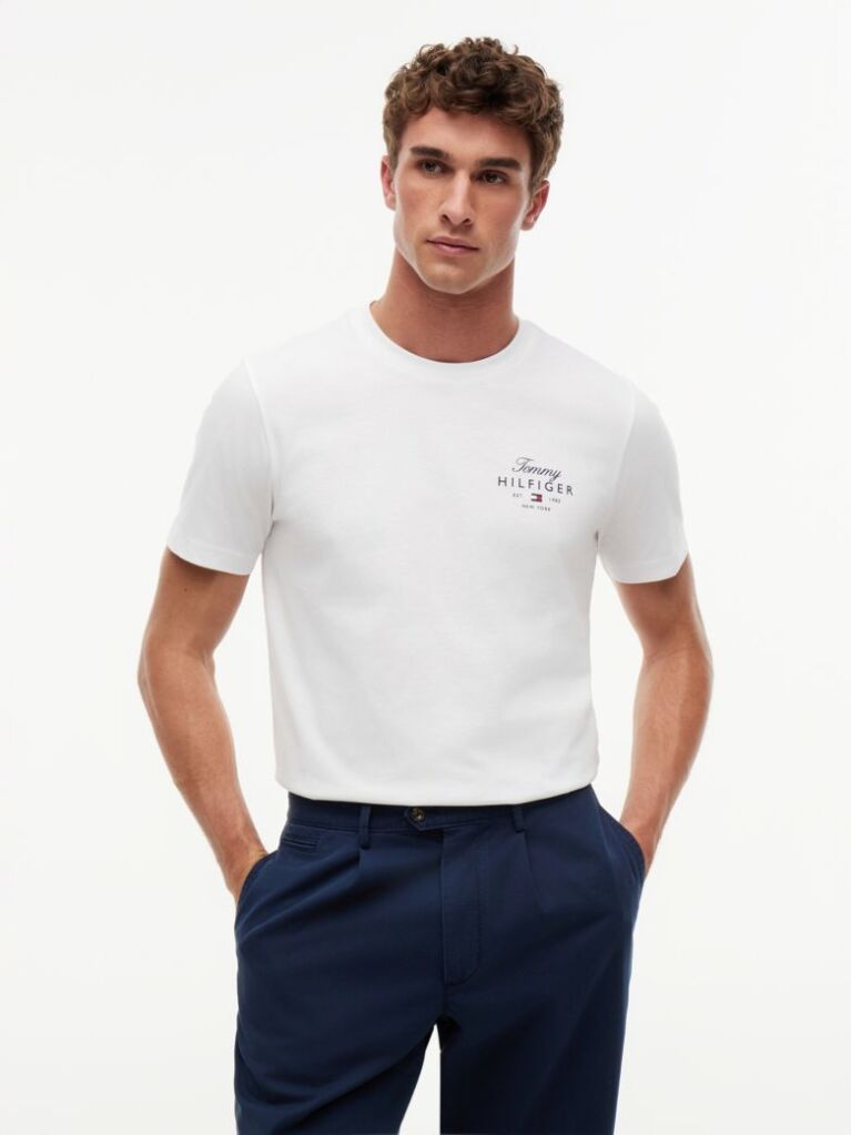 Alb Tricou Cu Guler Rotund Si Logo  Barbati