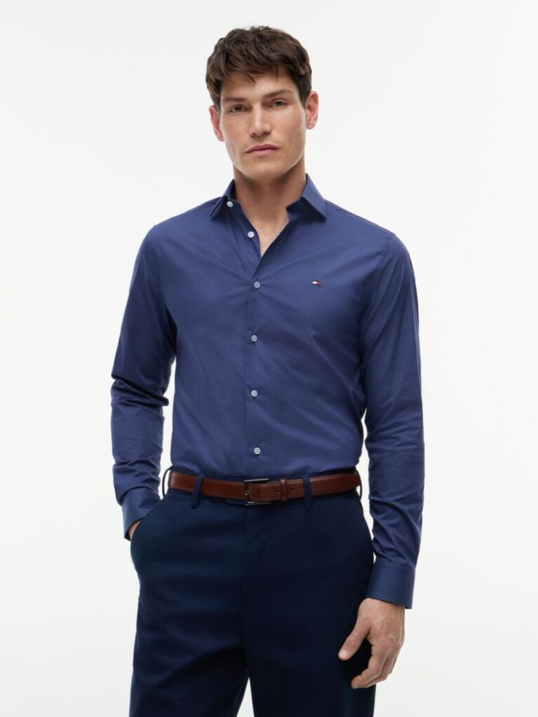 Blue Camasa Cu Croiala Slim Si Micro Print  Barbati