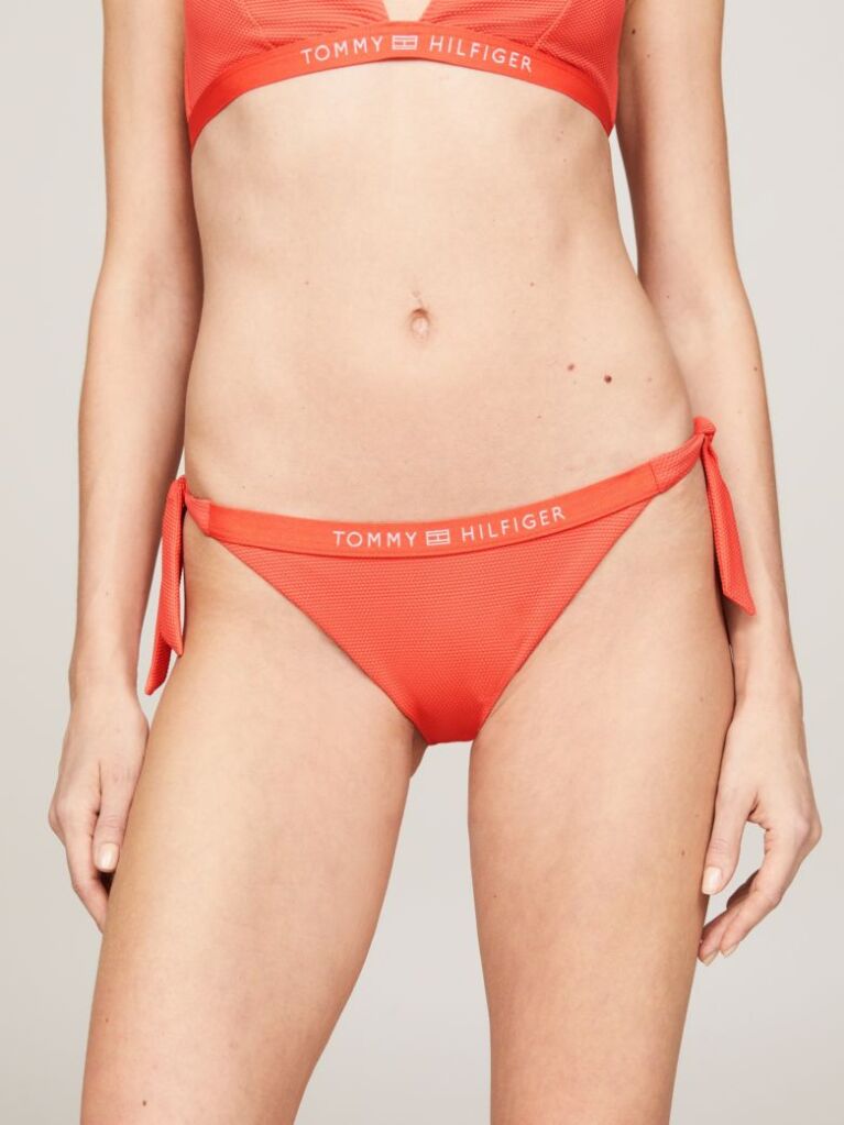 Red Tonal Logo Side Tie Bikini Bottoms  Women
