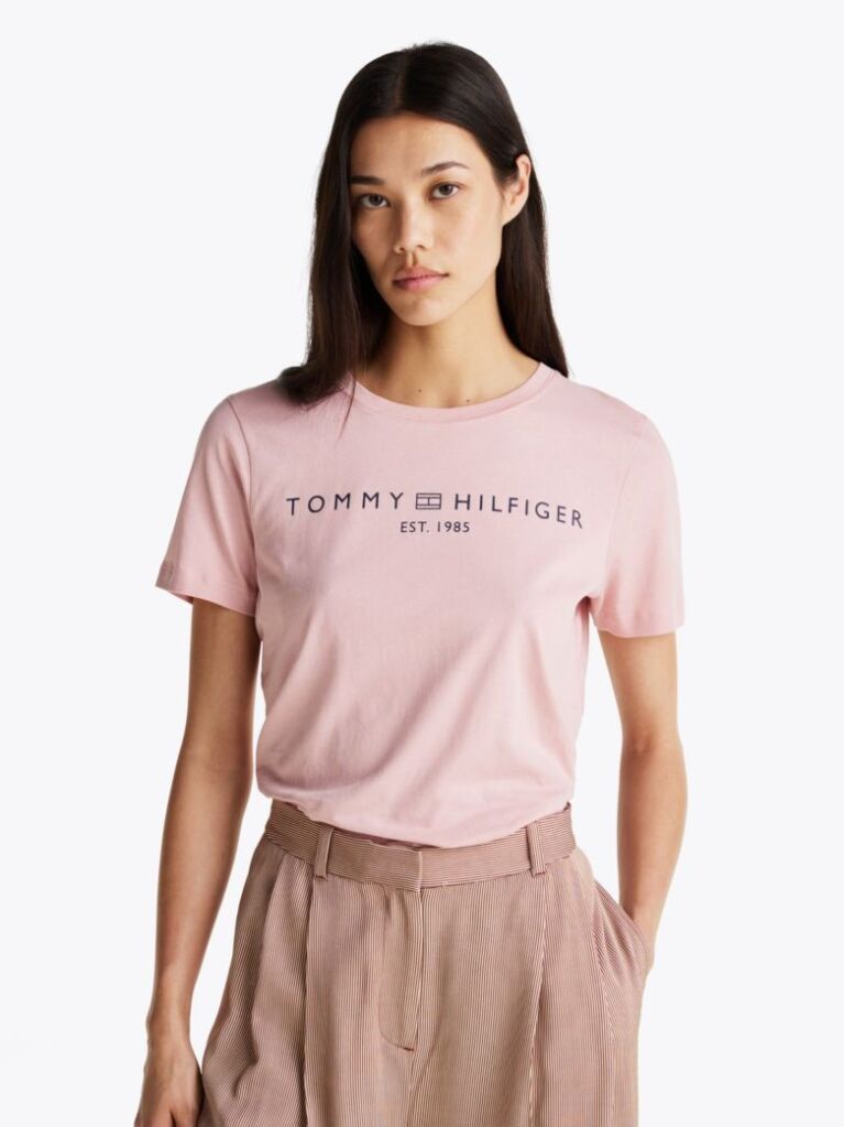 Roz Tricou Cu Logo Si Guler Rotund  Femei