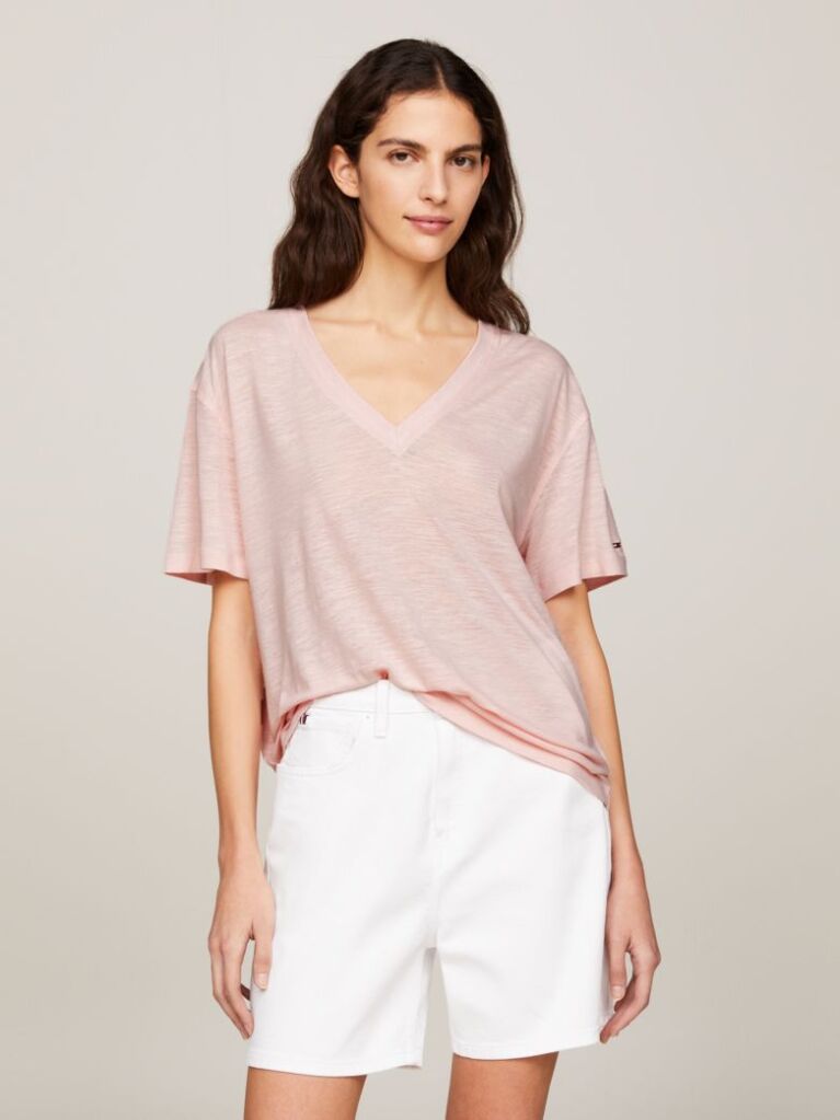 Roz Tricou Relaxed Cu Guler In V  Femei