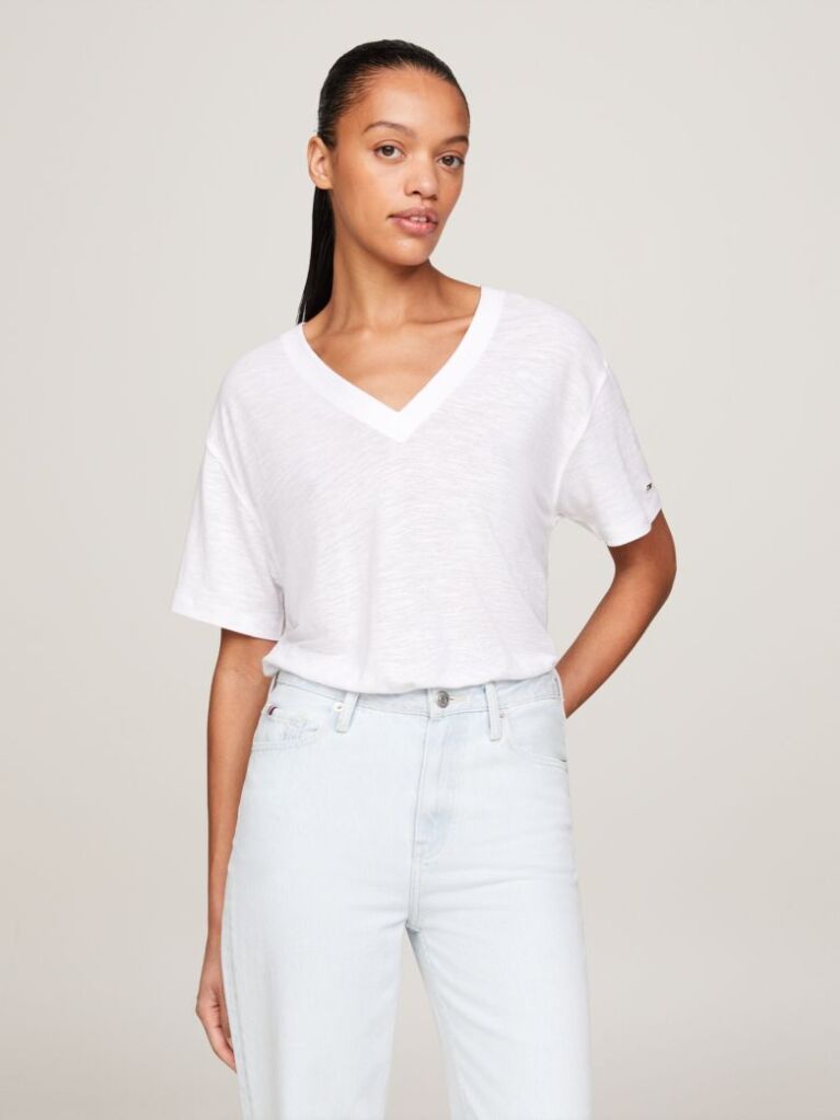 Alb Tricou Relaxed Cu Guler In V  Femei
