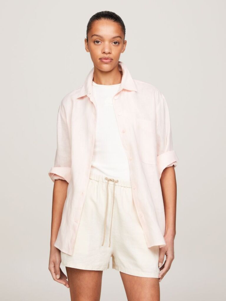 Pink Linen Patch Pocket Relaxed Fit Shirt  Women
