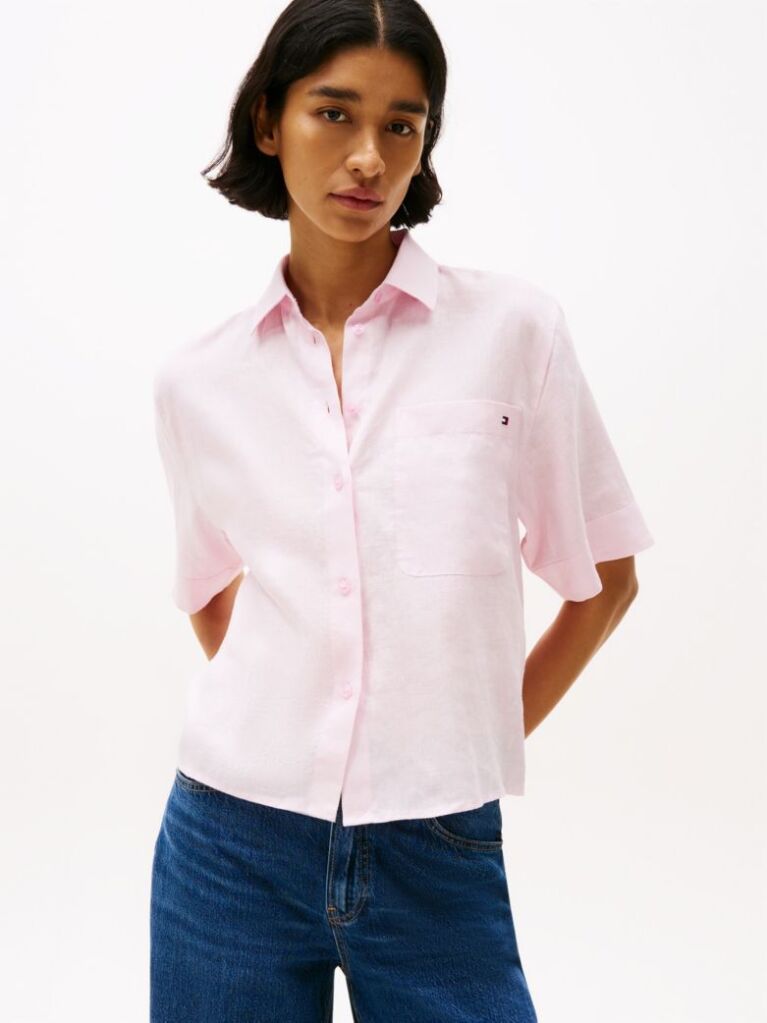 Pink Relaxed Fit Short Sleeve Linen Shirt  Women
