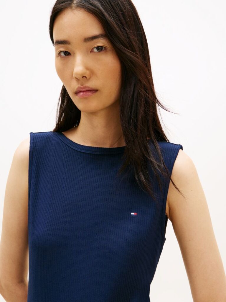 Blue Ribbed Slim Boat Neck Tank Top  Women