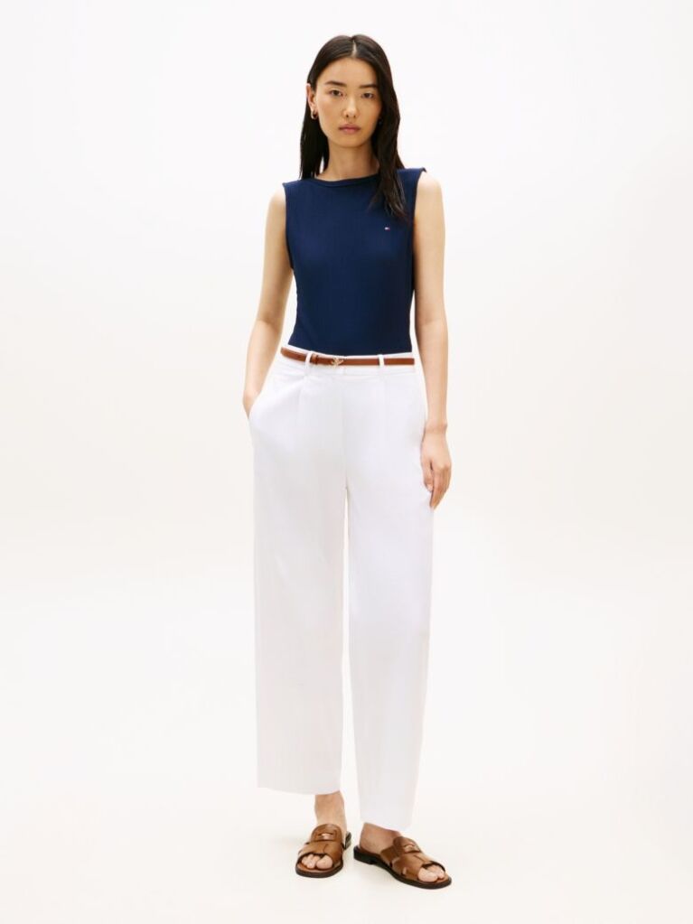 Blue Ribbed Slim Boat Neck Tank Top  Women