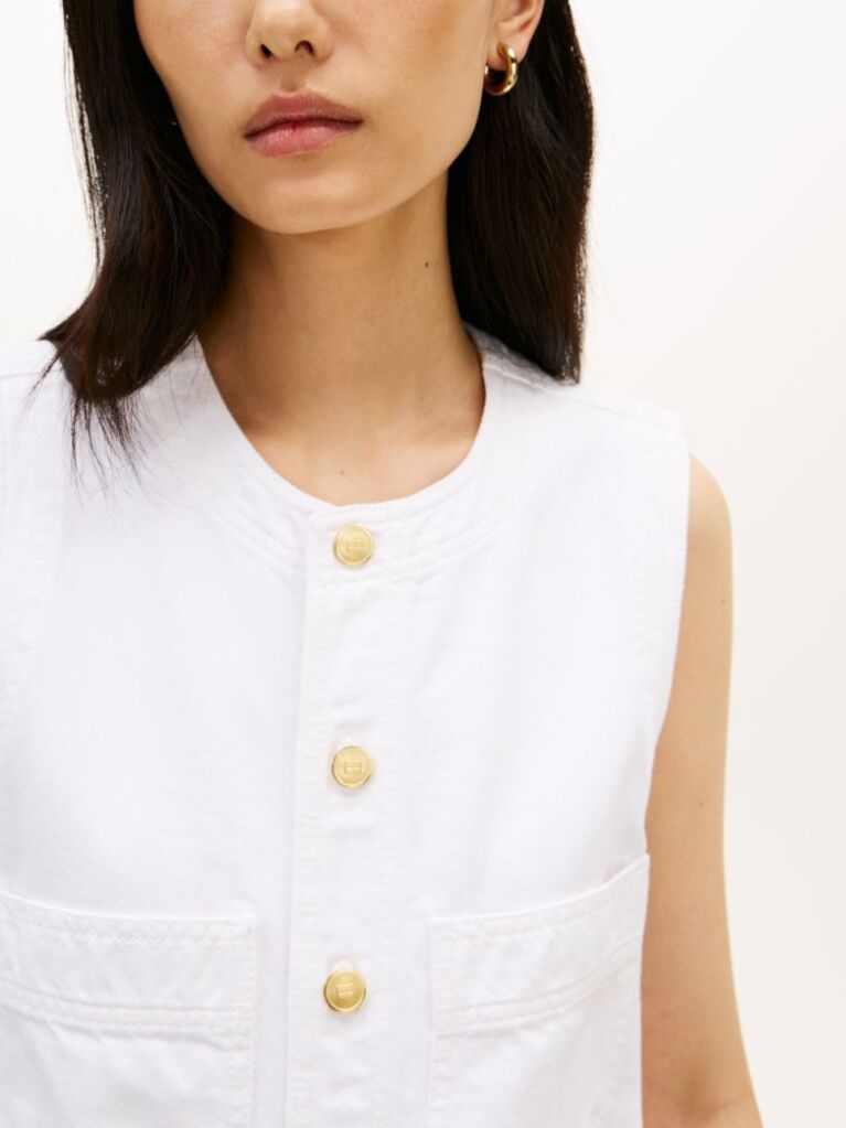 Alb Rochie Mini Dreapta Din Denim Cu Nasturi Aurii  Femei