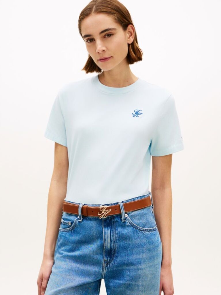 Blue Tricou Cu Guler Rotund Si Logo Brodat  Femei
