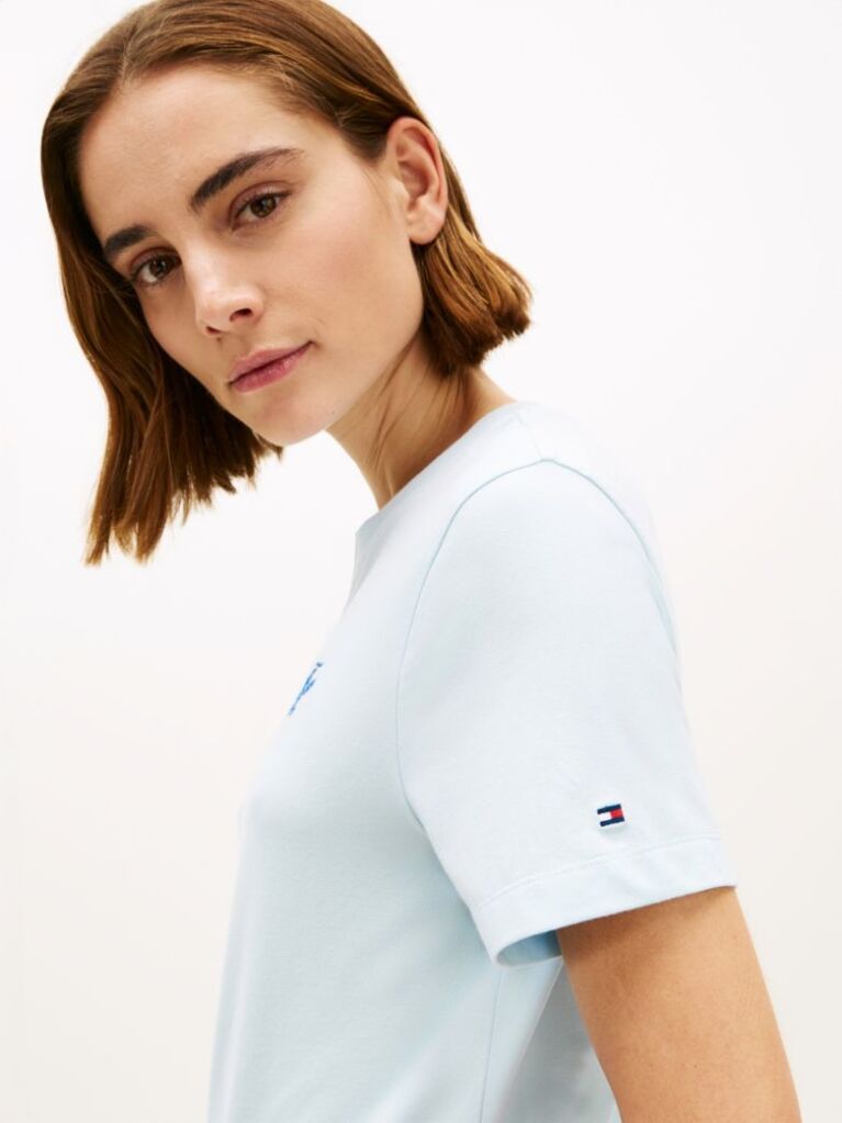 Blue Tricou Cu Guler Rotund Si Logo Brodat  Femei