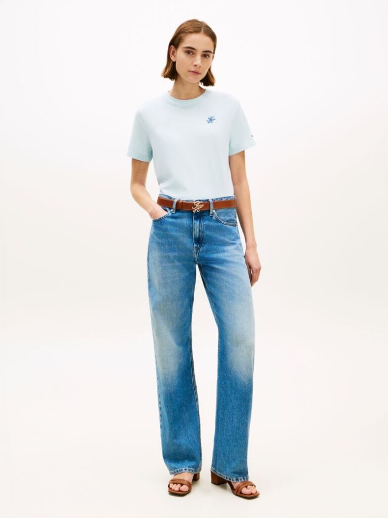 Blue Tricou Cu Guler Rotund Si Logo Brodat  Femei