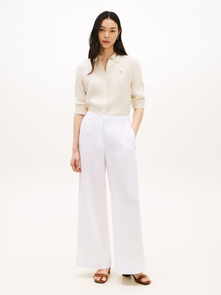 White Relaxed Wide Leg Pure Linen Trousers  Women