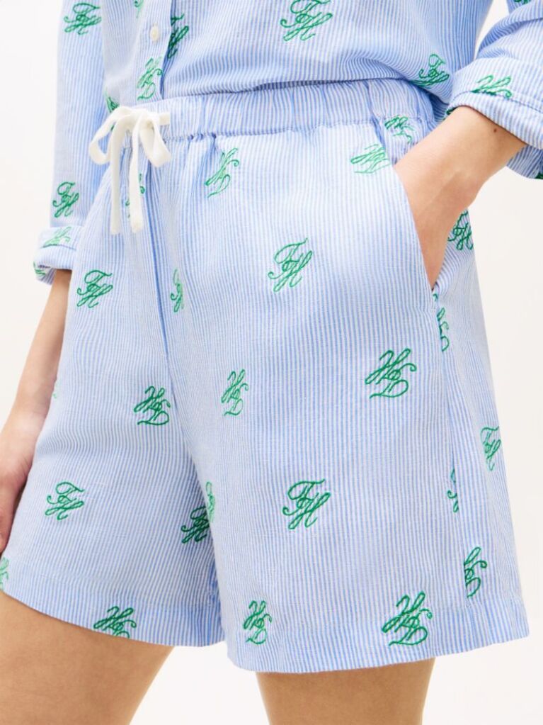 Blue Linen Blend Print Relaxed Shorts  Women