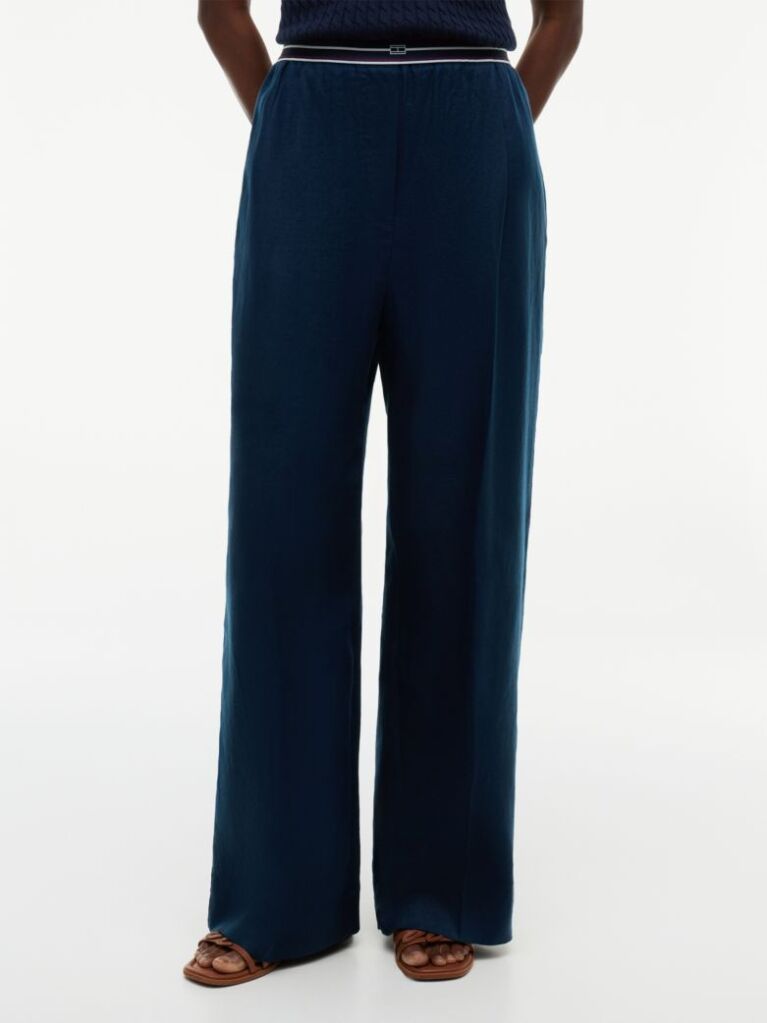 Blue Pantaloni Drepti Din In Pur  Femei