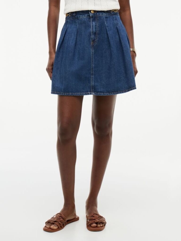 Blue Fusta Din Denim Midi Cu Talie Medie Si Pliuri  Femei